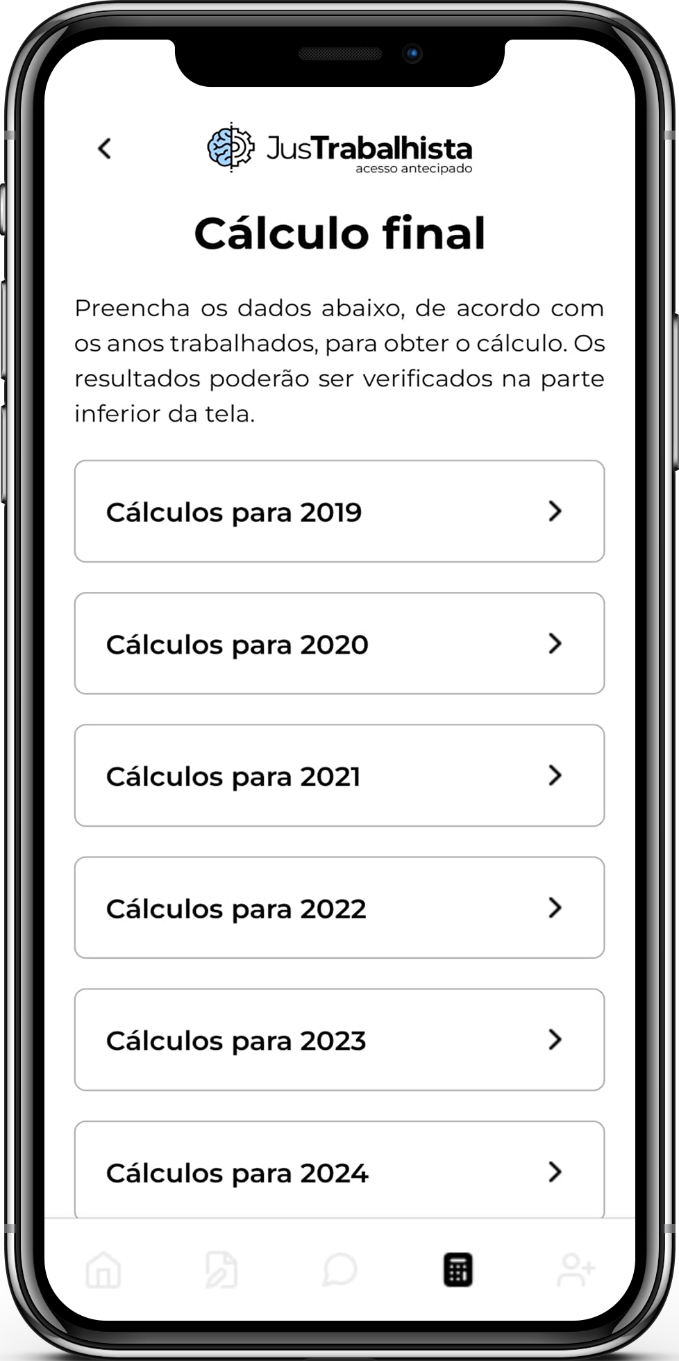 Tela da calculadora do aplicativo JusTrabalhista