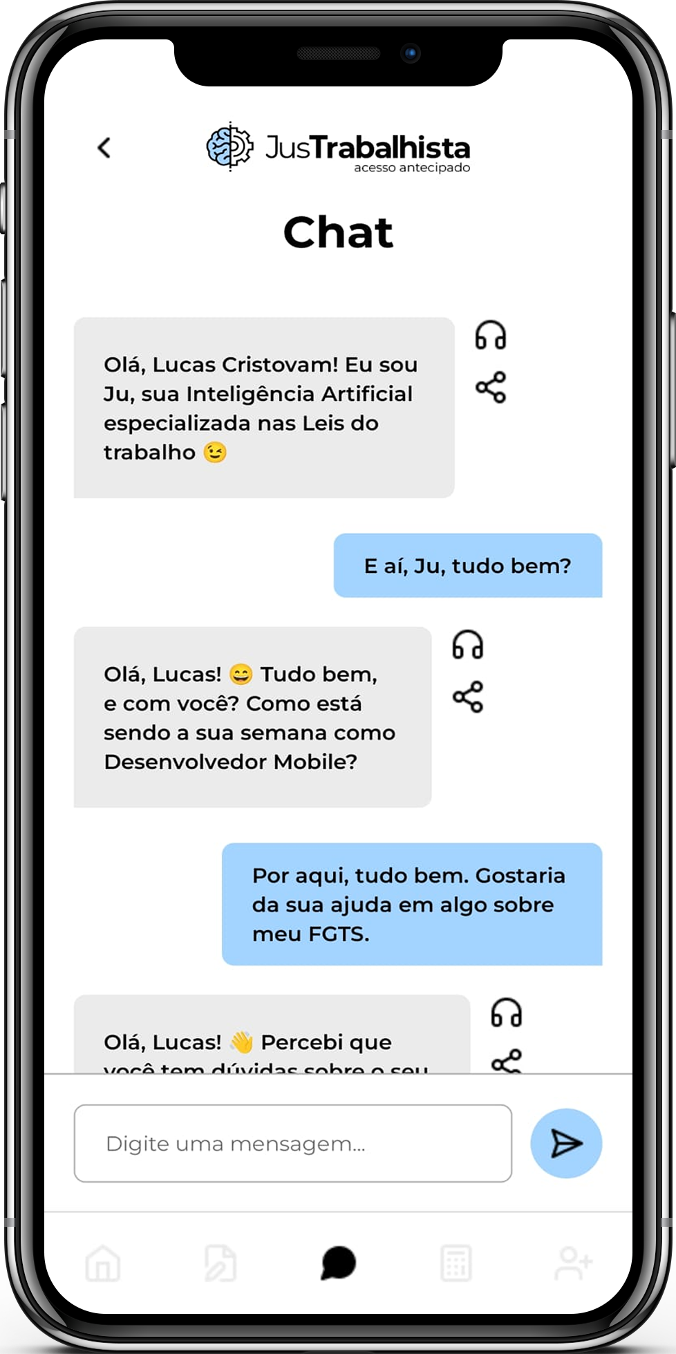 Tela do chat com a Ju IA no aplicativo JusTrabalhista